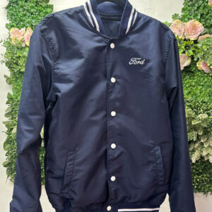 Chamarra bomber azul  con bolsillos y botones personalizable