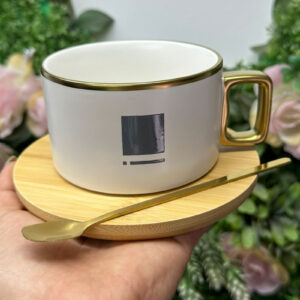 Taza cerámica con plato y cuchara personalizada presentación premium